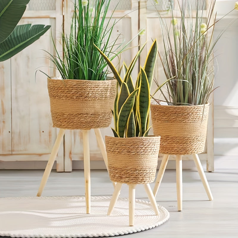 Set of 3 Seagrass Plant Baskets with Brackets Indoor Outdoor Rattan Classic