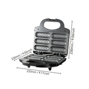 1000W tez isitgich bilan elektr kolbasa tayyorlagich va hot dog pishirgich, tutqichsiz, yog'siz dizayn. Ikki ta isitish elementlari, ergonomik tutqich va qora rangda kompakt kvadrat dizayni bilan jihozlangan.