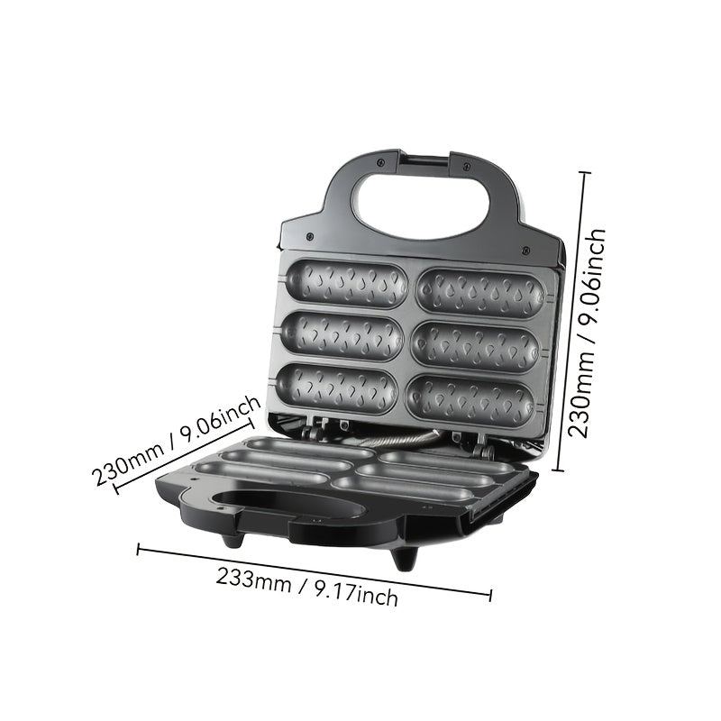 1000W tez isitgich bilan elektr kolbasa tayyorlagich va hot dog pishirgich, tutqichsiz, yog'siz dizayn. Ikki ta isitish elementlari, ergonomik tutqich va qora rangda kompakt kvadrat dizayni bilan jihozlangan.