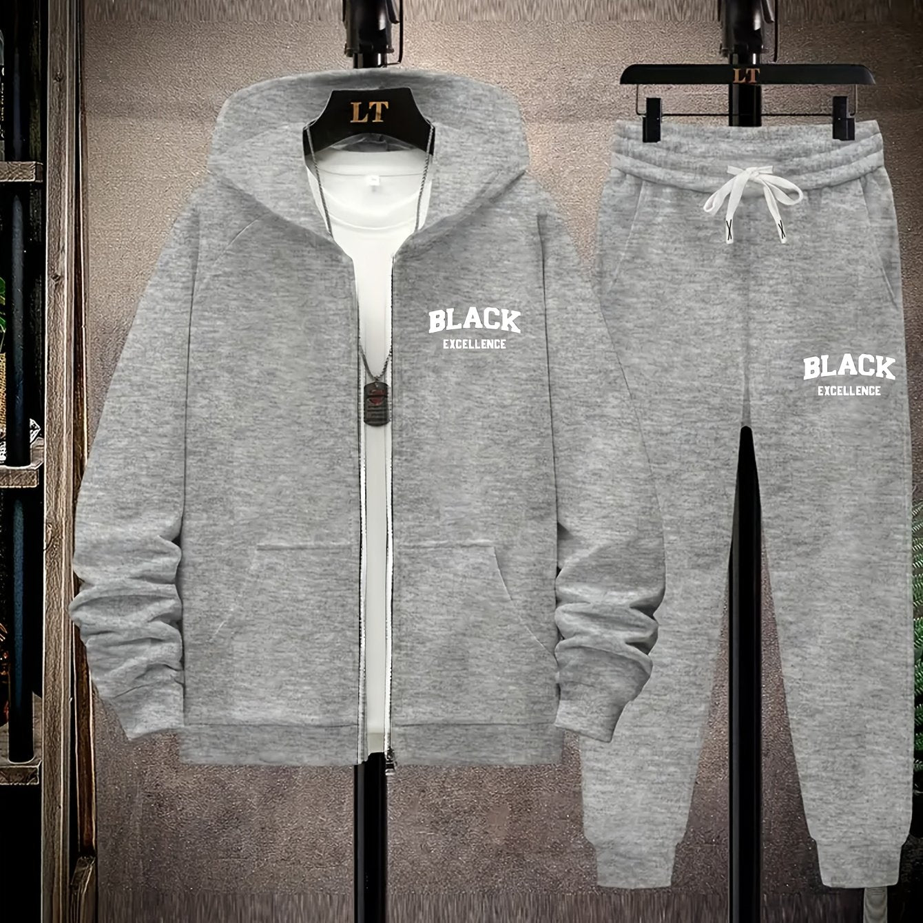 Plus Size Polyester Knit Tracksuit Set with Black Alphabet Print and Metal Chain Detail for Fall Winter