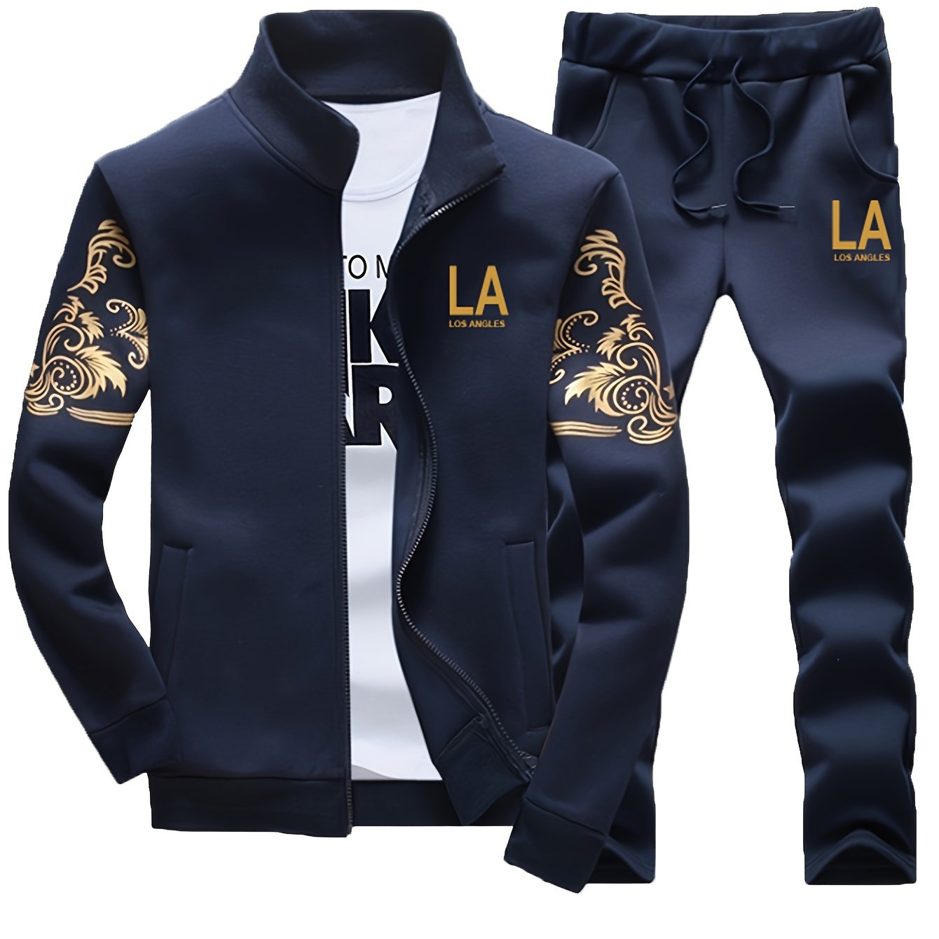 Men's Printed Zip Jacket and Drawstring Pants Set Casual Tracksuit Polyester