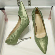 Women's Floral Vintage Pumps Shallow Slip On Elegant Point Toe Dress Shoes