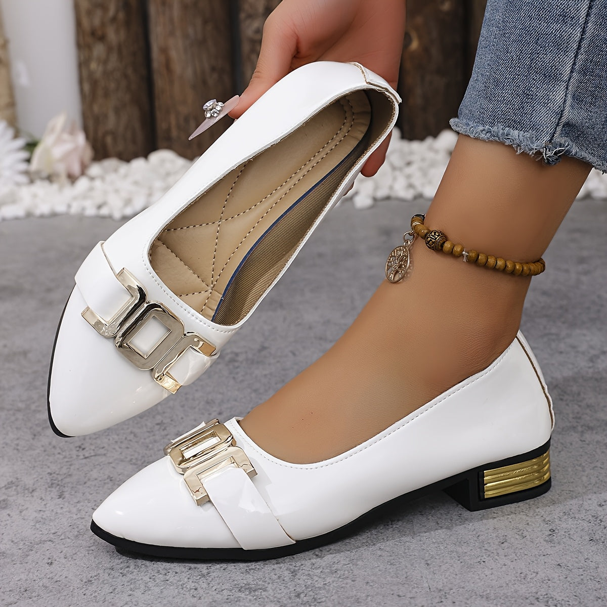 Women’s Slip-On Loafers White Metallic Accent Cushioned Sole Dress Casual