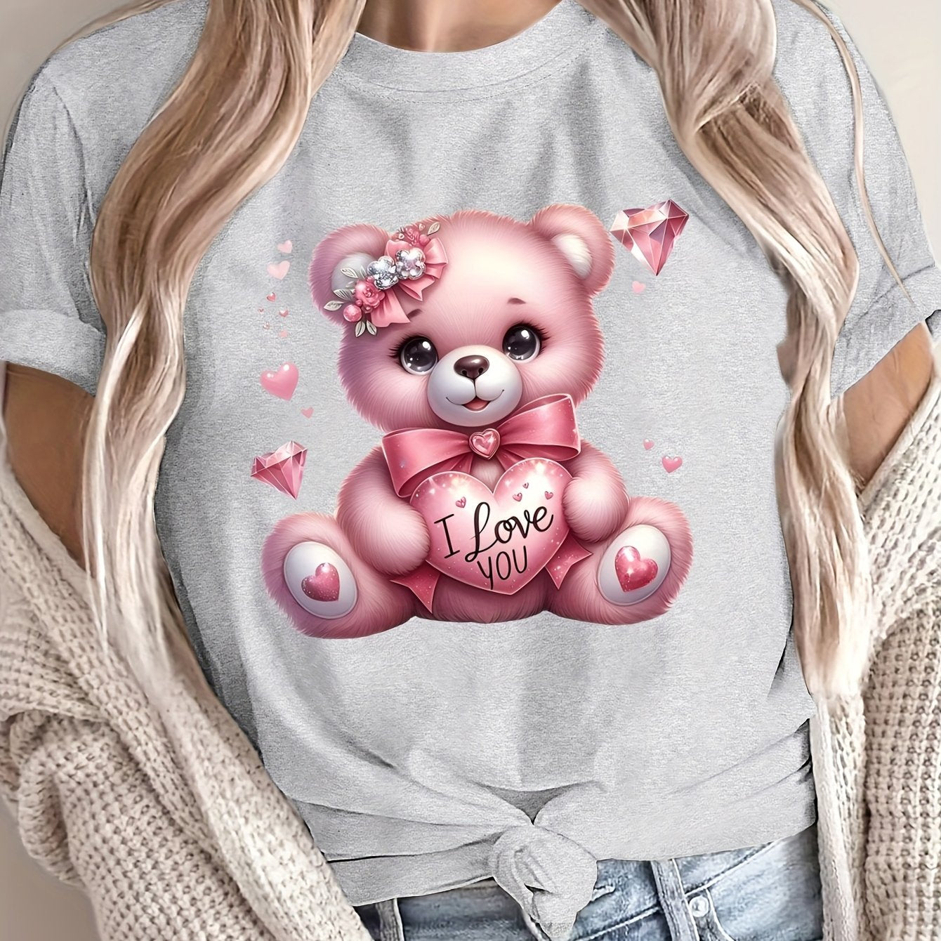 Women's Casual Crew Neck T-Shirt with Cartoon Bear Print Polyester Breathable All-Season