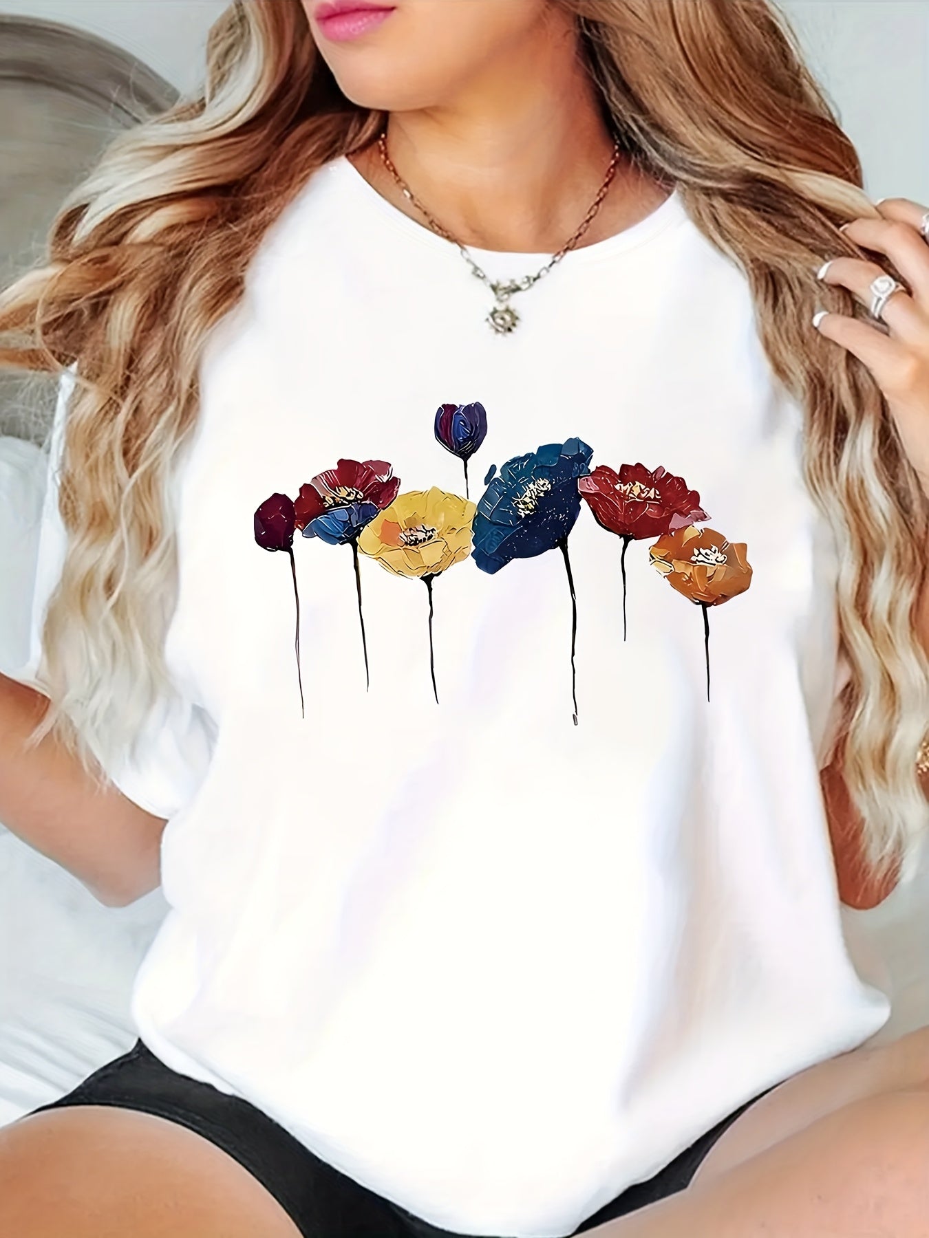 Plus Size Women's Floral Print Short Sleeve T-Shirt Breathable Cotton Casual Top