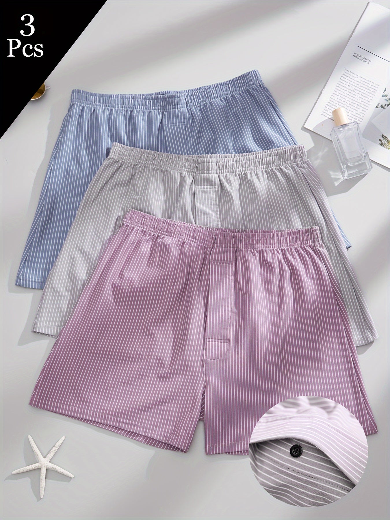 Men's Cotton Boxer Shorts 3-Pack High Stretch Knit Striped Regular Fit with Button