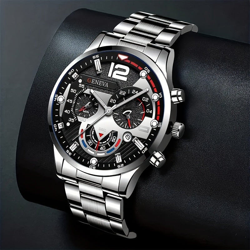 Men's Stainless Steel Watch Set with Calendar and Accessories