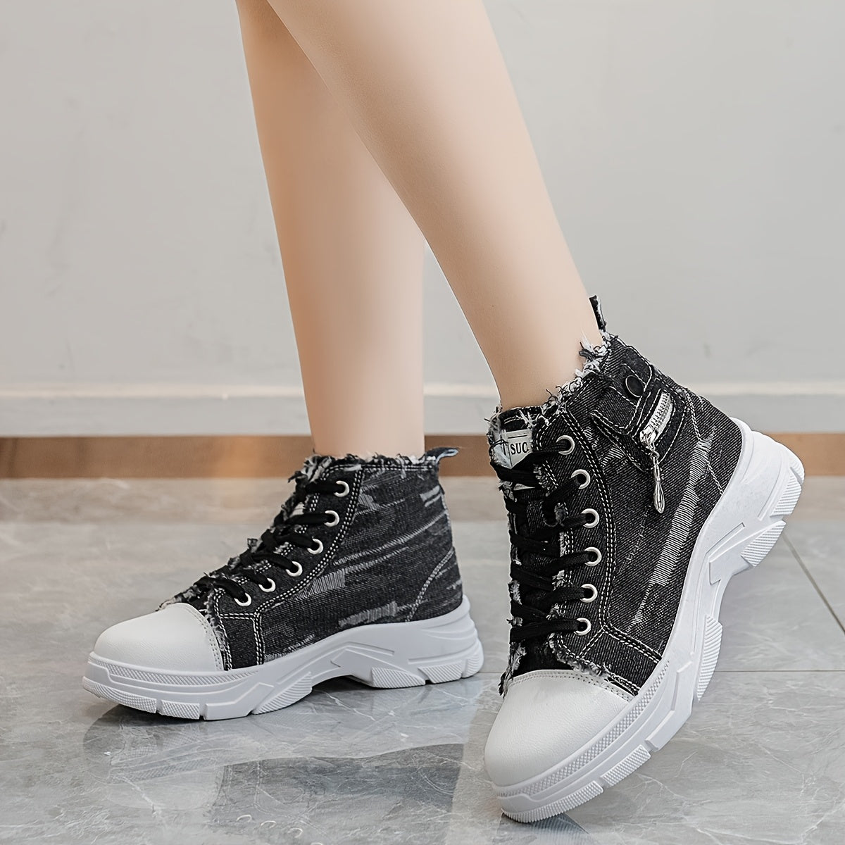 Women's Casual High-Top Sneakers with Thick PVC Sole and Breathable Denim