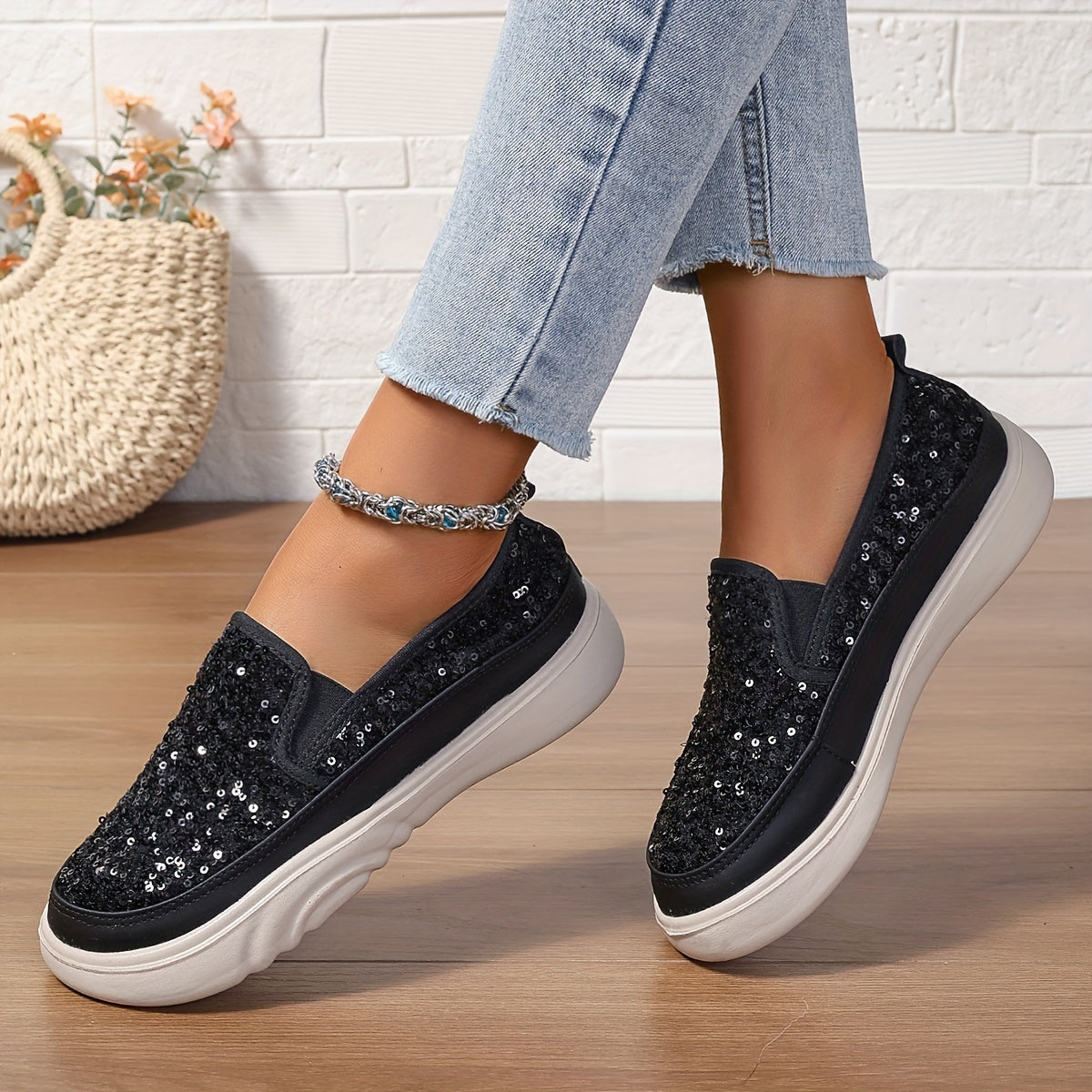 Women's Sequin Embellished Loafers Black White Casual Breathable Shoes