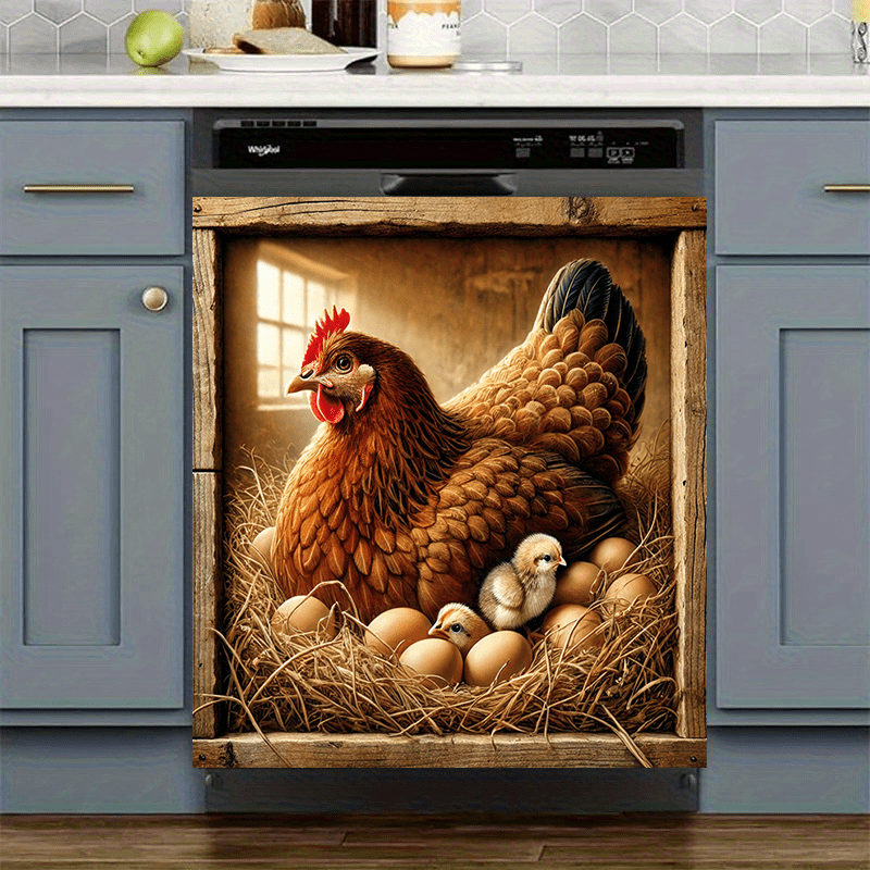 Mamlakat Hen and Chicks Dishwasher Magnet Cover Waterproof PVC Barnyard Egg Scene Kitchen Decor 58.5x65 cm