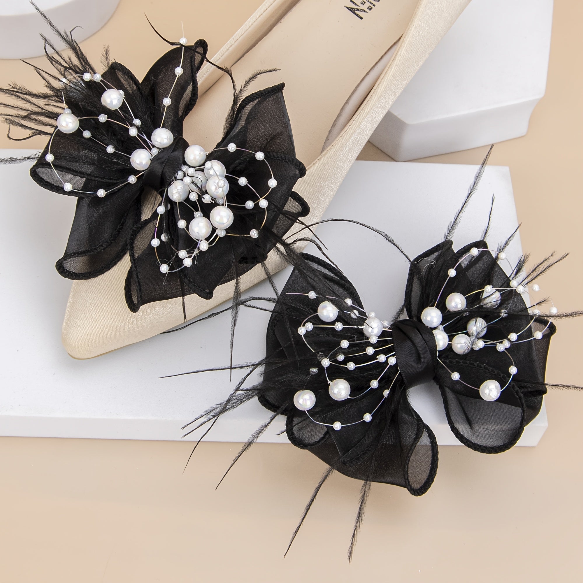 Women Polyester Mesh Bowknot Shoe Clips Beads Wedding Party Accessories