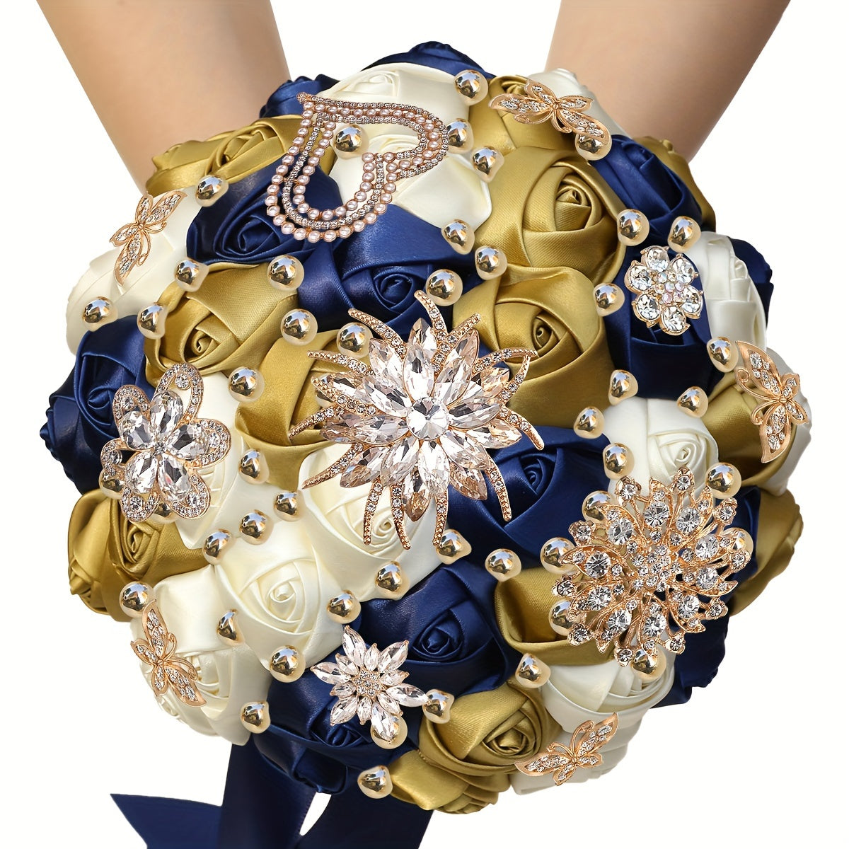 Qoʻlda tayyorlangan güllü toʻylik buketi, satinning gullari, rhinestonelar, marjon bezaklari, toʻy sovgʻasi