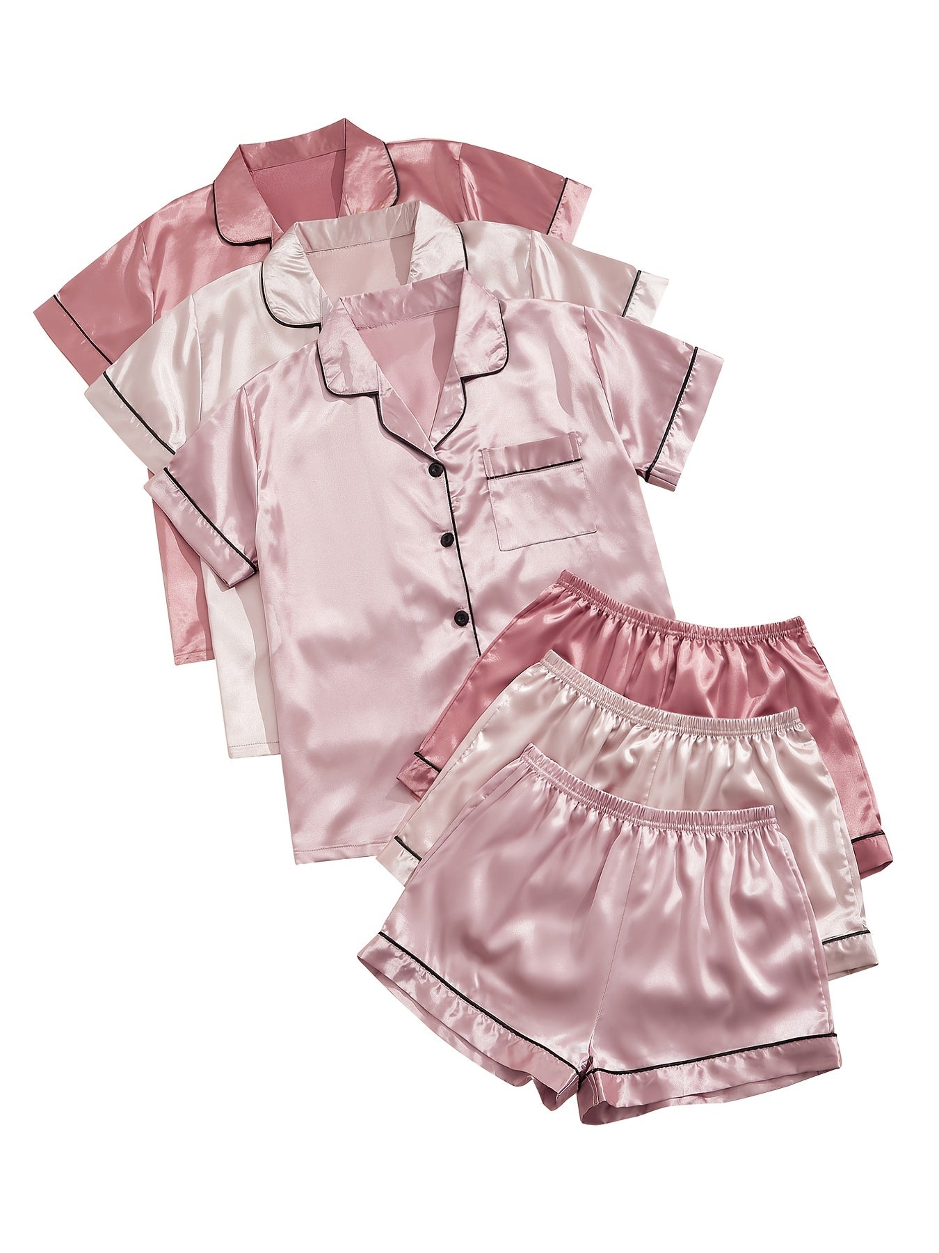 Women's Satin Pajama Set Short Sleeve Top and Elastic Waist Shorts Sleepwear Lounge Wear
