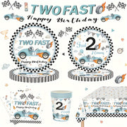 Set of 10 Birthday Party Plates Cups Napkins Paper Dinnerware Blue Race Car Checkered Flag for 2nd Birthdays Tailgate Celebrations