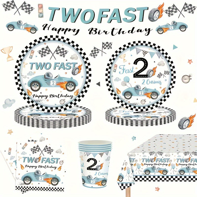 Set of 10 Birthday Party Plates Cups Napkins Paper Dinnerware Blue Race Car Checkered Flag for 2nd Birthdays Tailgate Celebrations