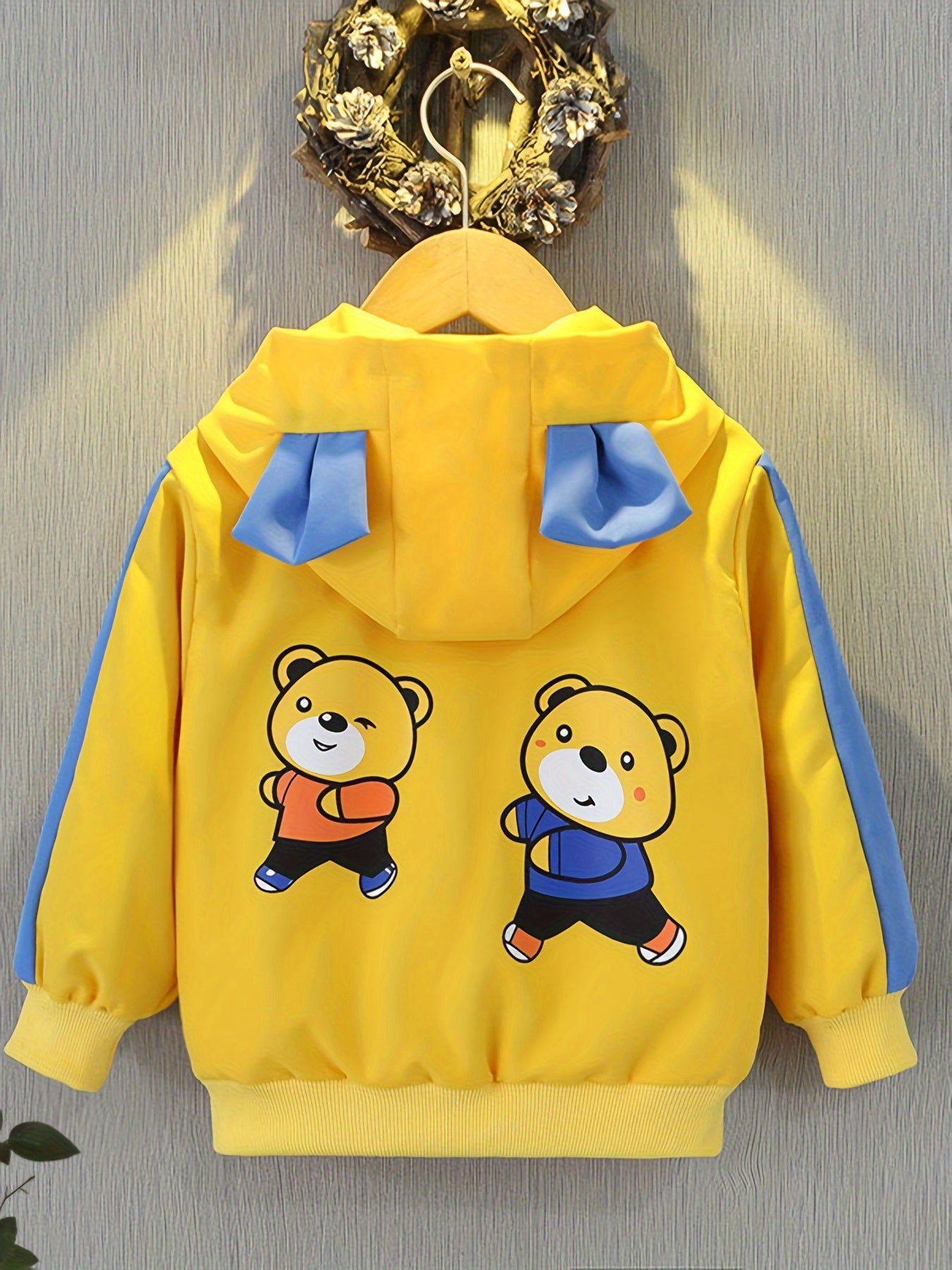 Boys' Lightweight Hooded Jacket with Bear Cartoon Print Yellow Blue Trim Fall Spring Kids Outerwear