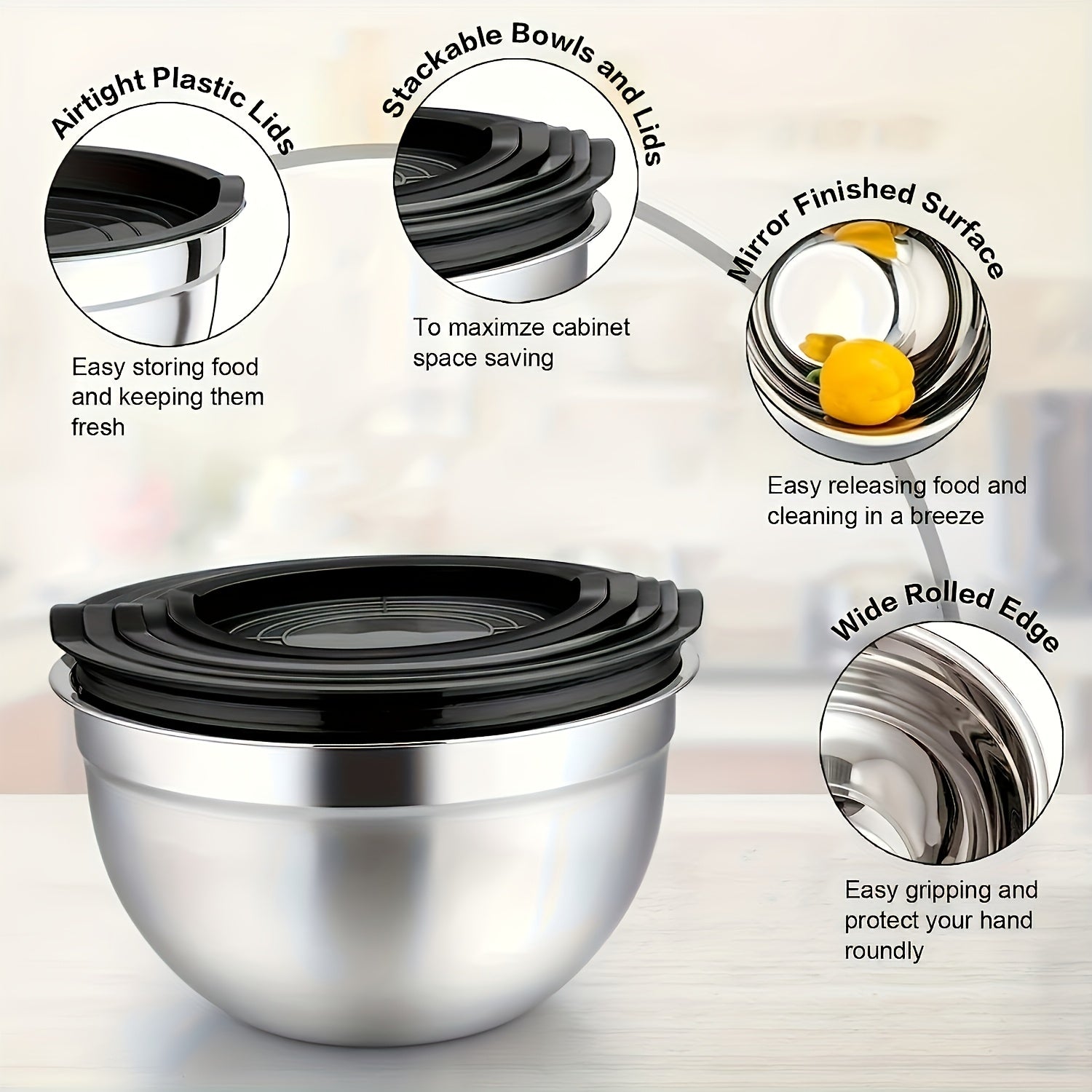 5pcs Stainless Steel Nesting Bowls Set with Airtight Lids for Baking and Serving