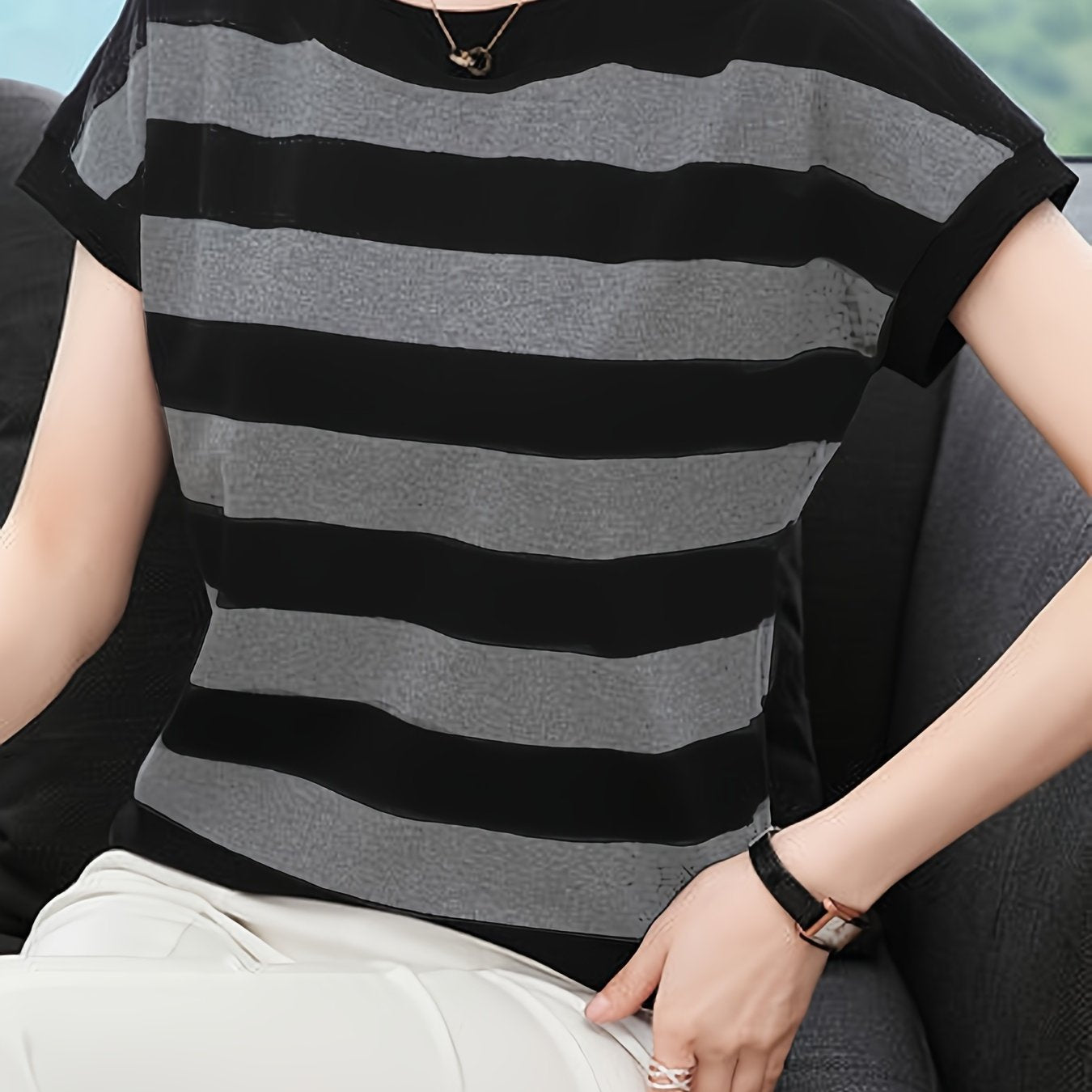 Women's Striped Crew Neck T-Shirt with Cap Sleeves for Spring and Summer