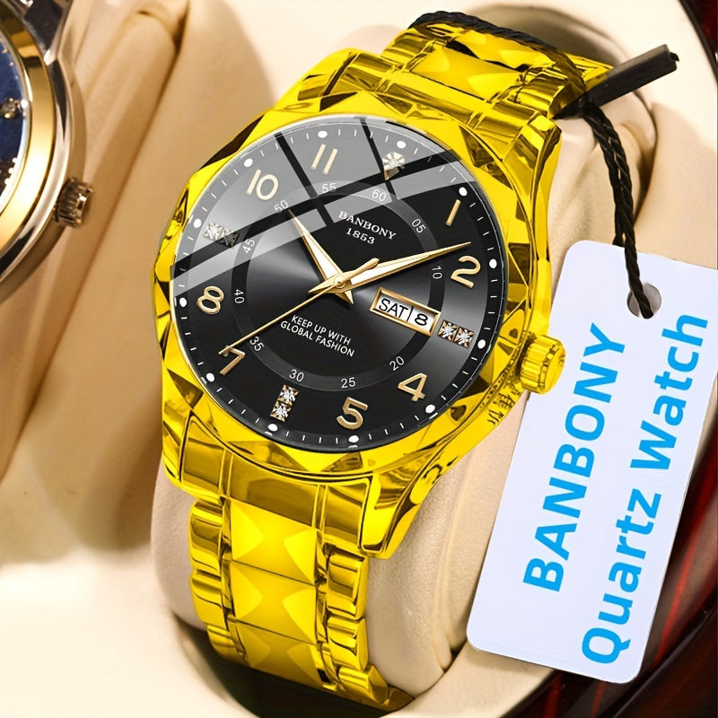 Men's Stainless Steel Quartz Watch with Roman Numeral Dial and Date Calendar