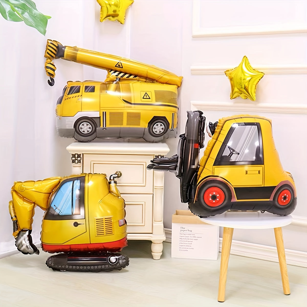 Set of 4 Construction Vehicle Foil Balloons for Birthday Party Decorations