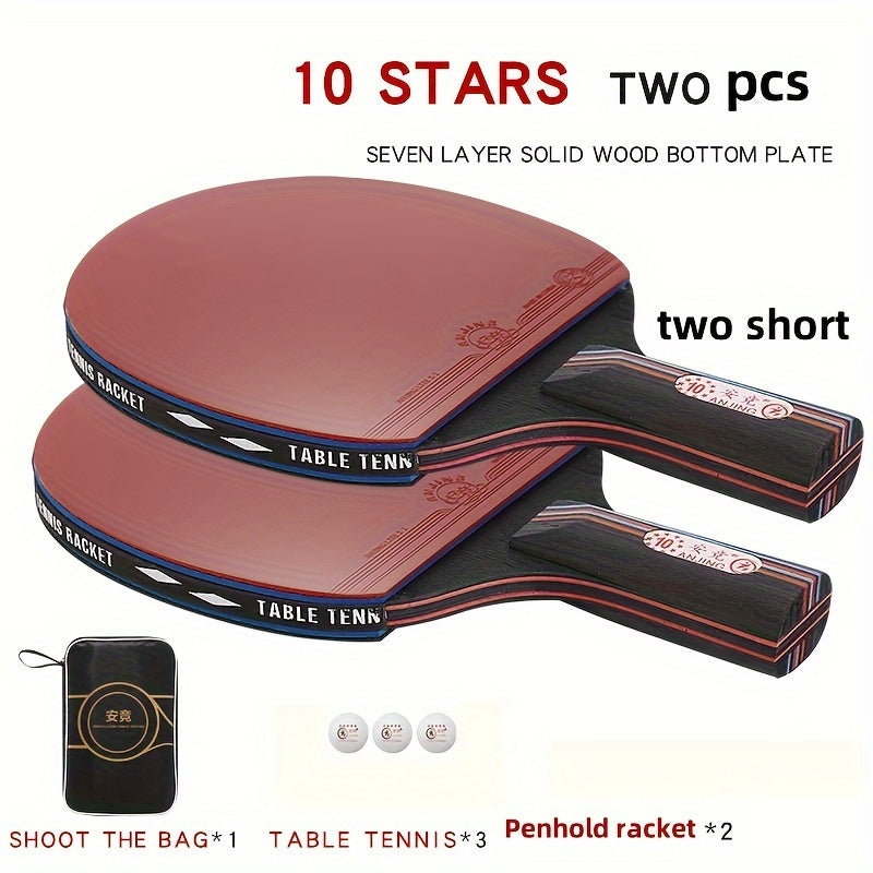 Single Pack of 10 Professional-Grade Red Carbon Rubber Table Tennis Rackets with 3 Balls