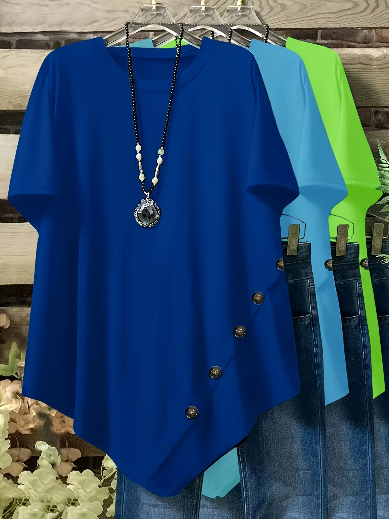 Women's Plus Size Loose Fit Short Sleeve Casual T-Shirts with Button and Asymmetrical Hem