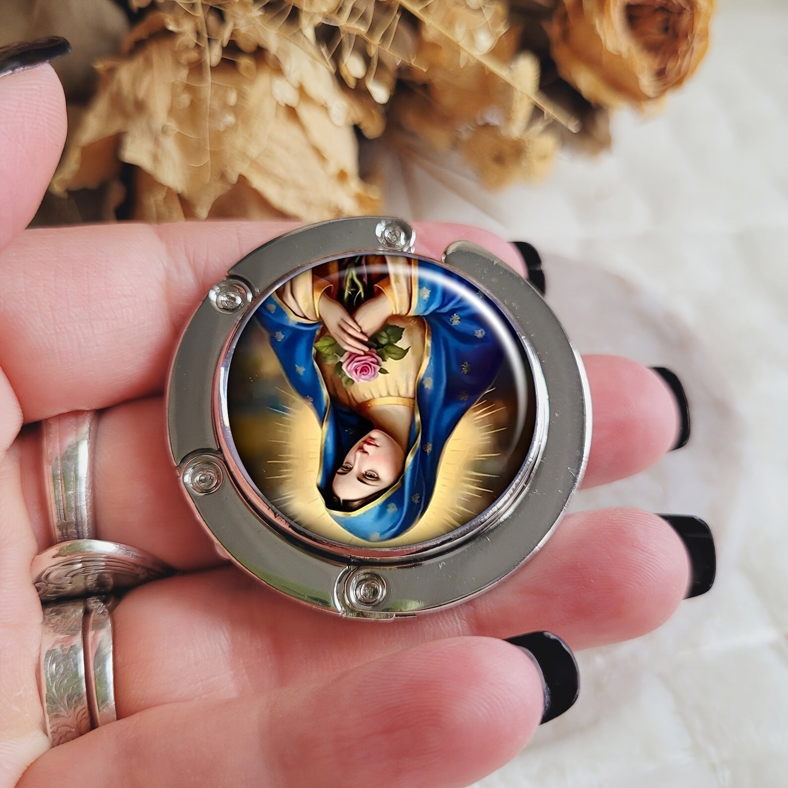 Foldable Handbag Hook for Table Virgin Mary Design Portable Purse Hanger