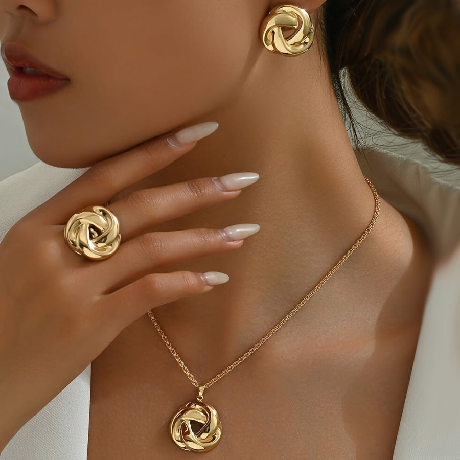 Boho-Chic Jewelry Set for Women Geometric Rose Flower Necklace Earrings Ring Zinc Alloy