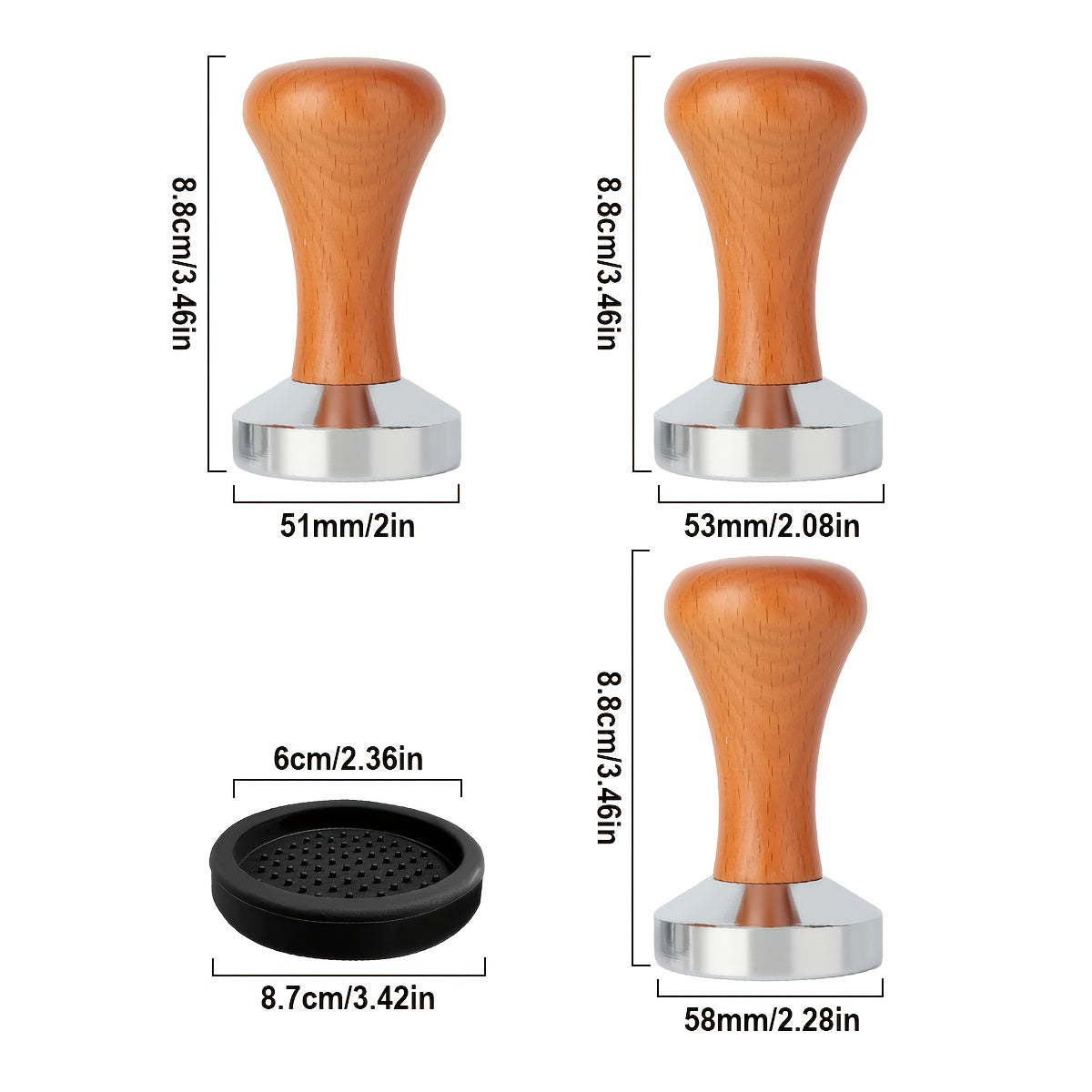 Premium yog'och tutqichi bilan zanglamaydigan po'latdan yasalgan tekis asosli espresso tamperi - Silikon mato bilan birga, optimal tayyorlash uchun zanglamaydigan dizayn (53mm, 51mm va 58mm o'lchamlarda mavjud)