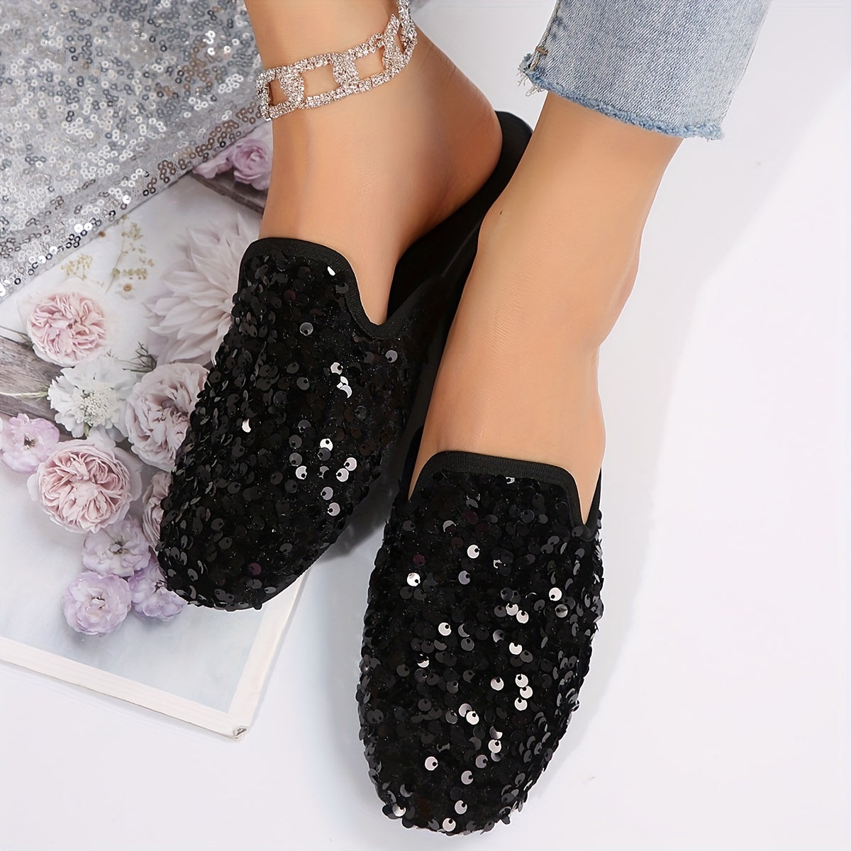 Women's Sequin Flat Shoes with Round Toe Slip-On Lightweight Fabric