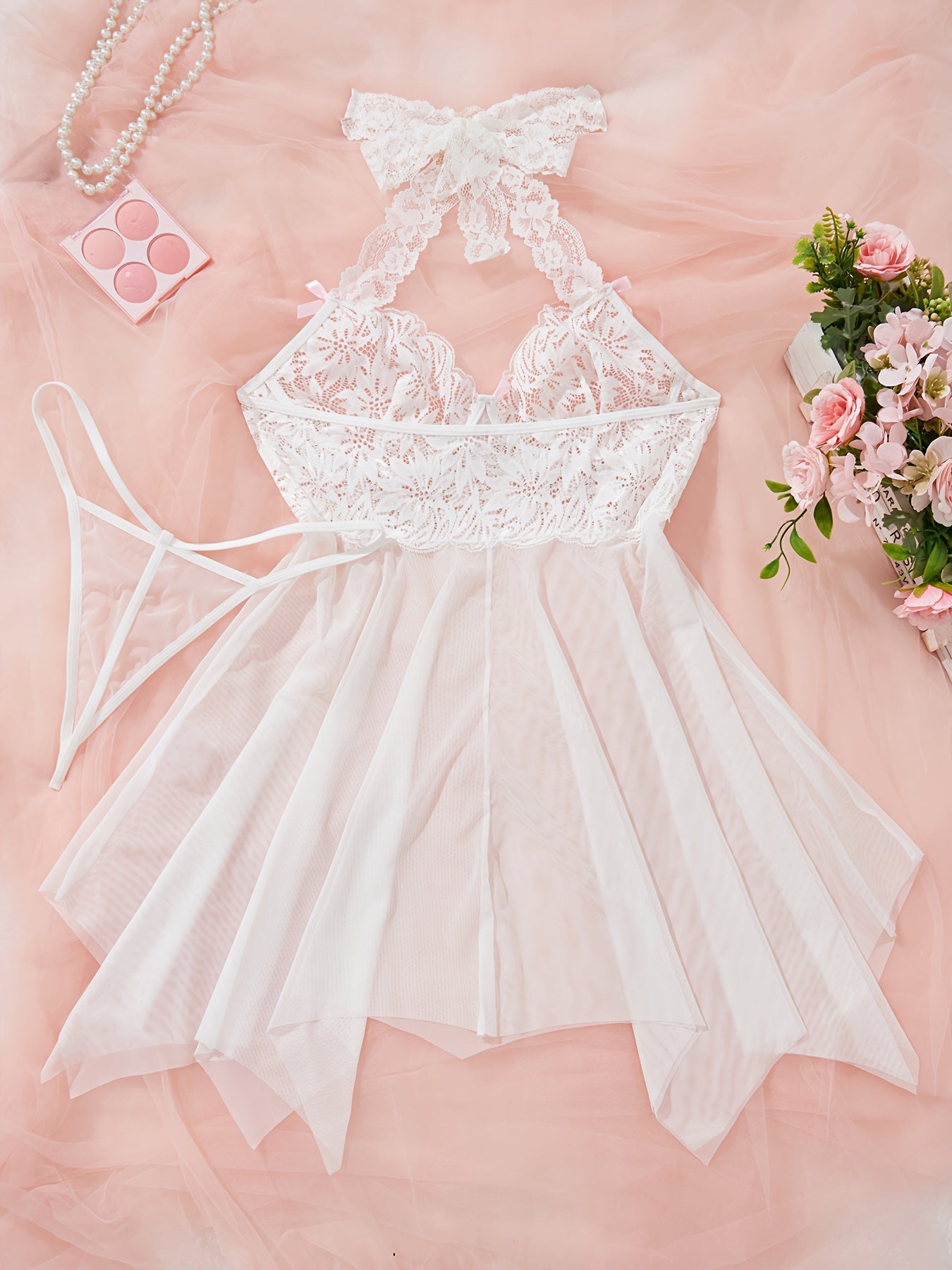 Women's See-Through Mesh Lace Lingerie Set with Deep V Dress and Thong