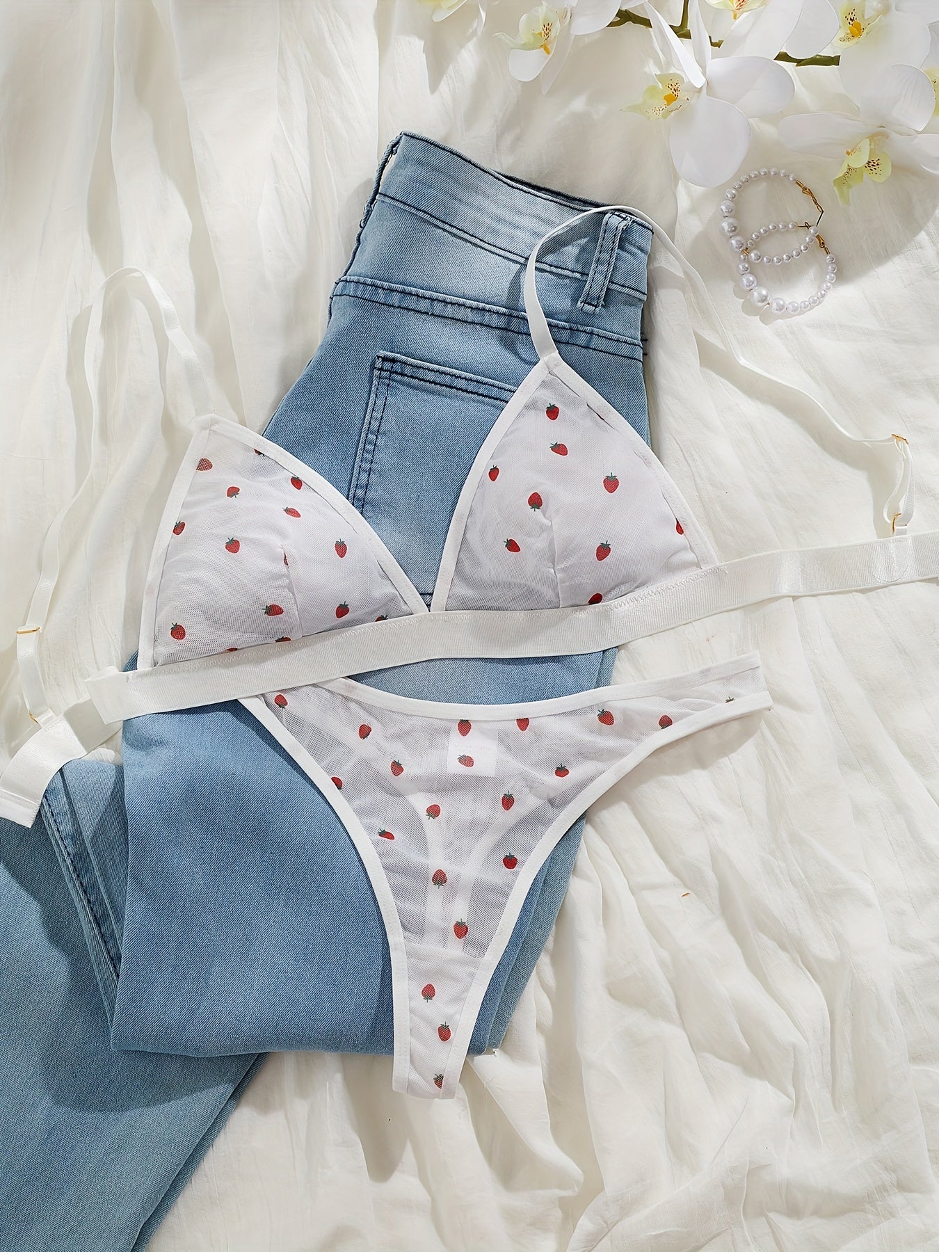 Women's Pink Strawberry Print Semi Sheer Mesh Lingerie Set