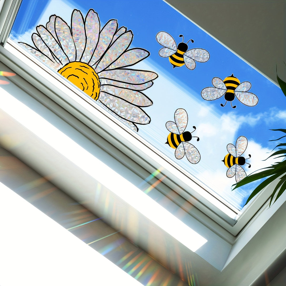 Vibrant Bee and Floral Glass Window Decal PVC Sticker Electrostatic Adhesion Wall Decor