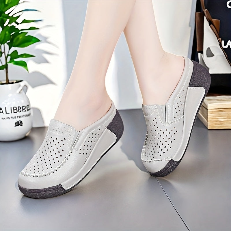 Women's Breathable Slip-On Mules with Thick Platform Sole and Perforated Design