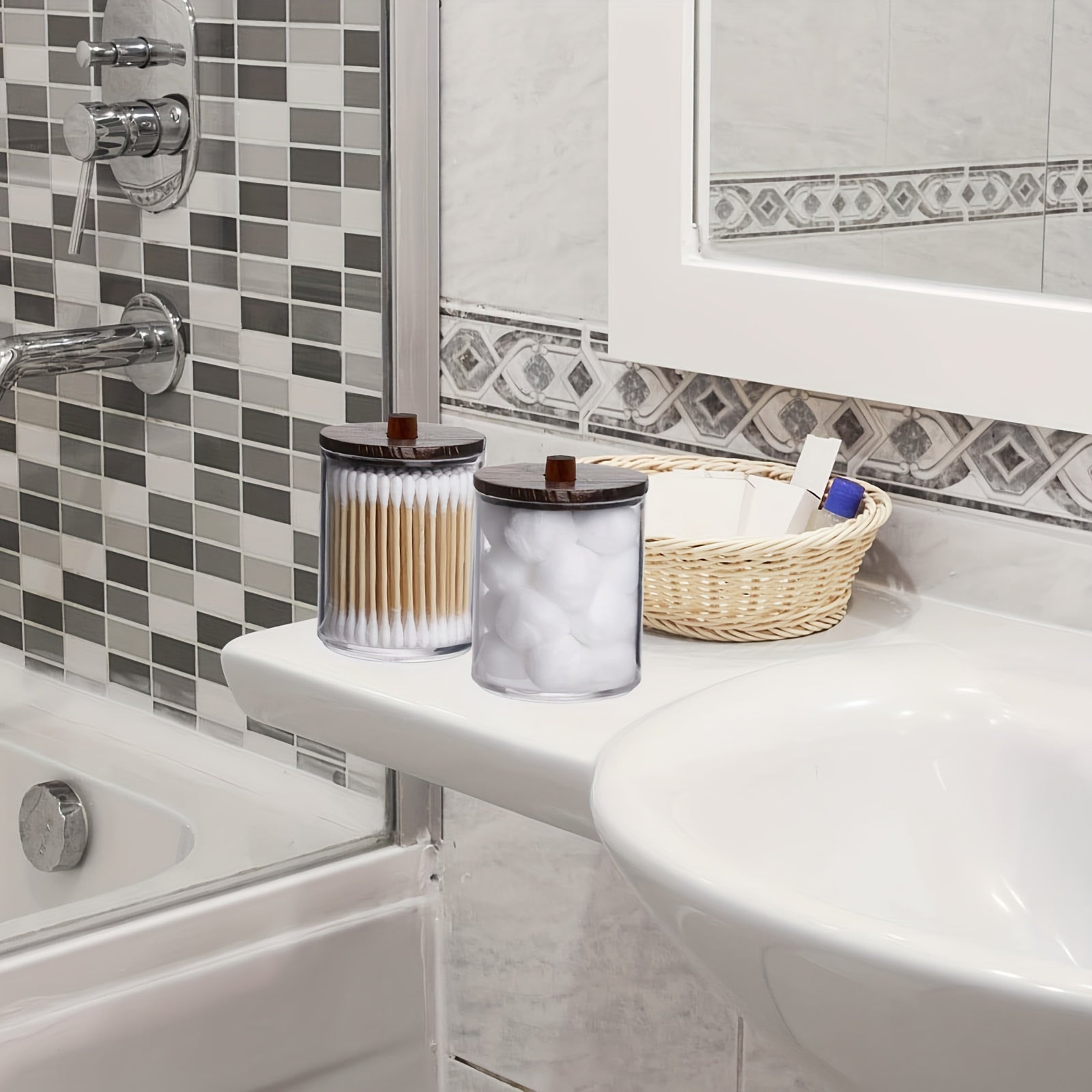 Bathroom Storage Container Set with Brown Wood Lids for 7oz or 10oz Swabs and Cotton Balls