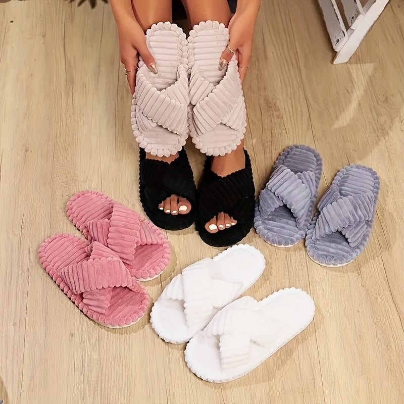 Women Fuzzy Open-Toe Slippers Soft Plush Indoor House Shoes