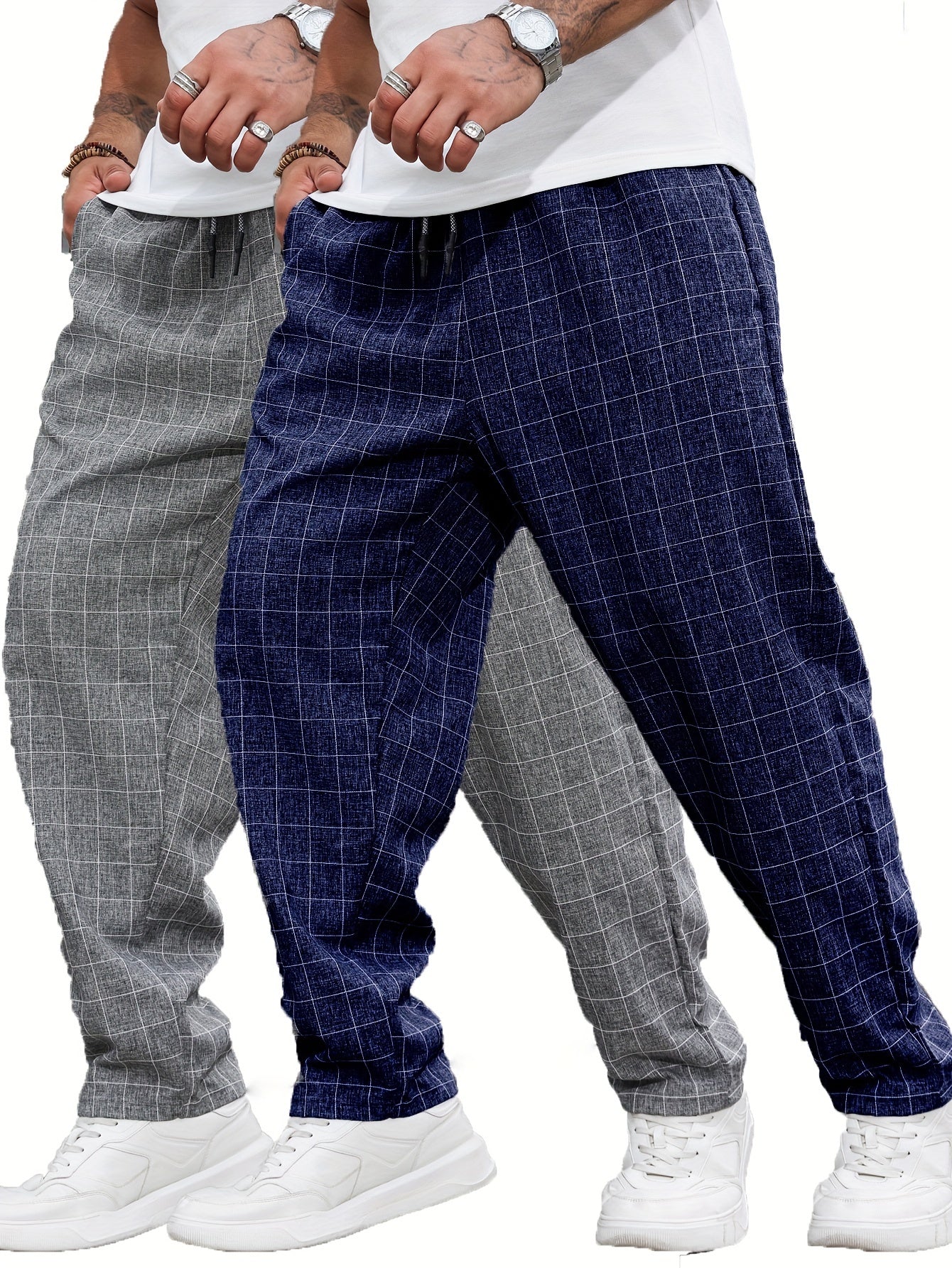 Plus Size Men's Casual Plaid Polyester Pants Set of 2 All-Season