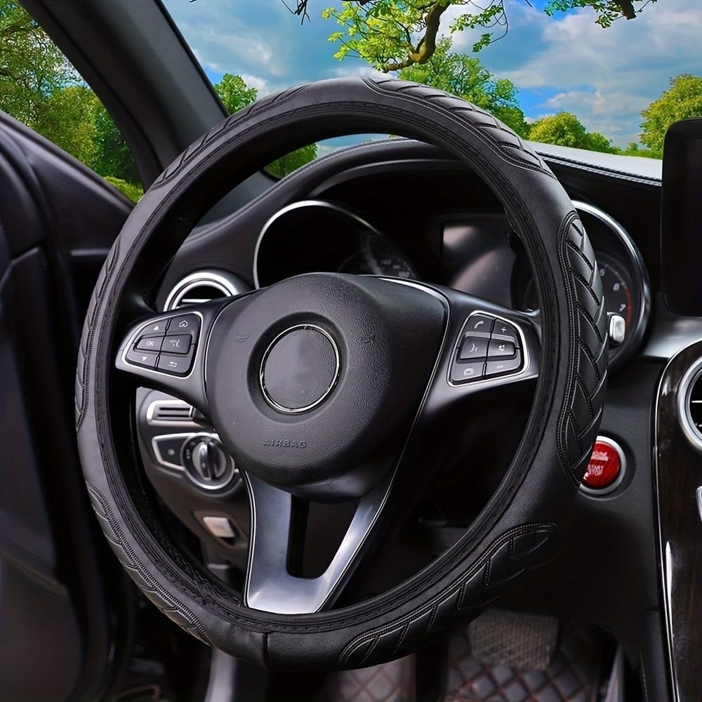Car Steering Wheel Cover Leather Embossed Soft Fit 37-38CM Diameter