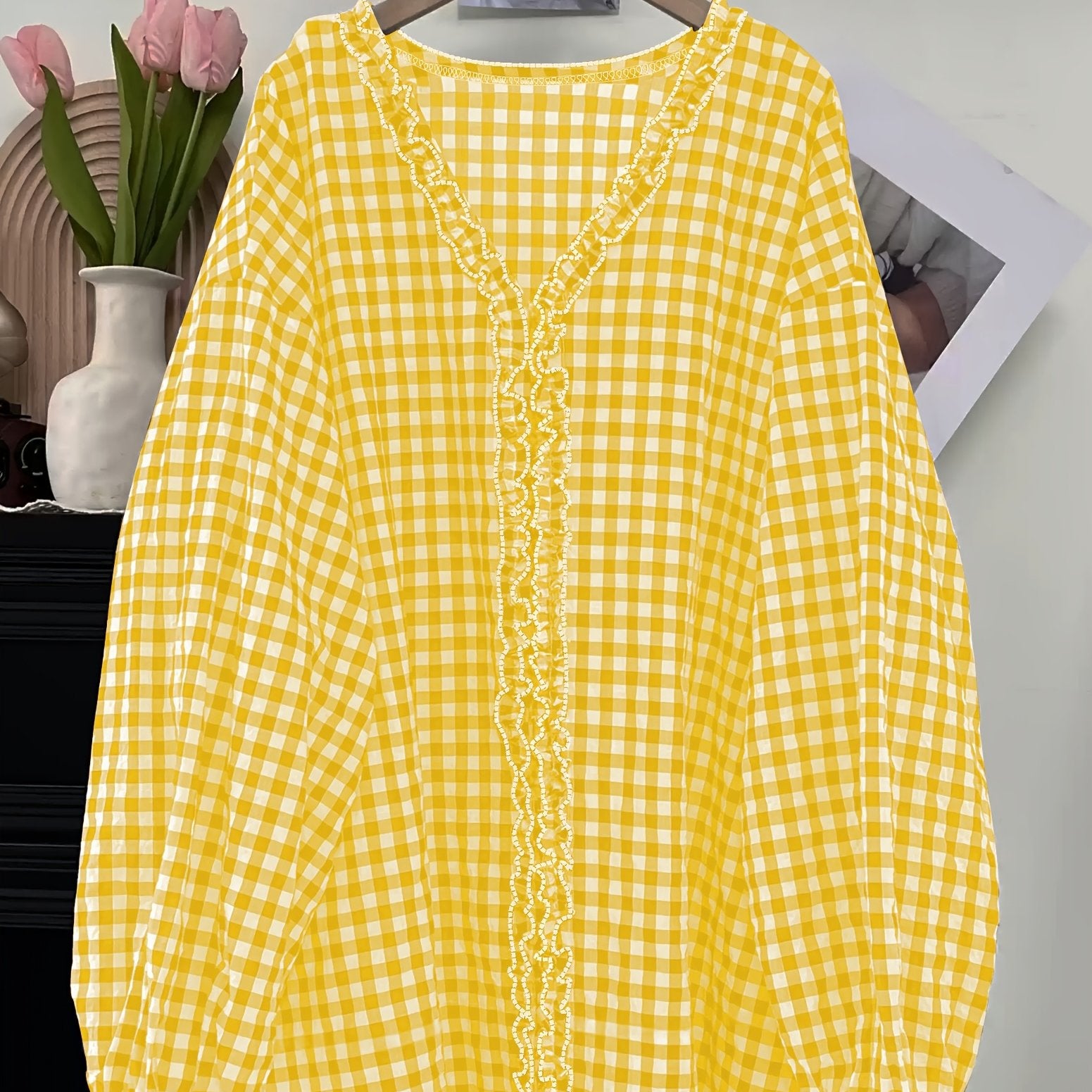 Plus Size Women's Loose Checkered Wood Ear Flap Shirt
