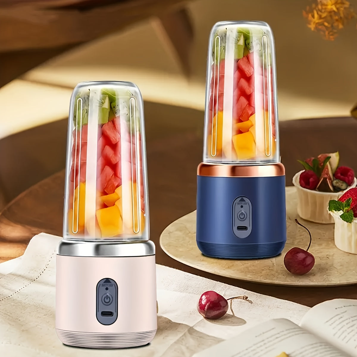 Taza de licuadora recargable por USB portátil para viajes y hogar en rosa y azul, licuadora para batidos