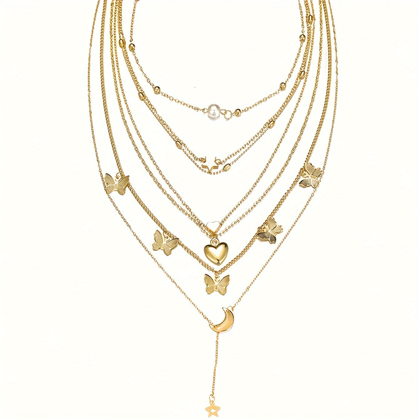 Set of 6 Bohemian Style Necklaces with Star Moon Butterfly Heart Pearls Tassel Pendants for Holidays and Festivals