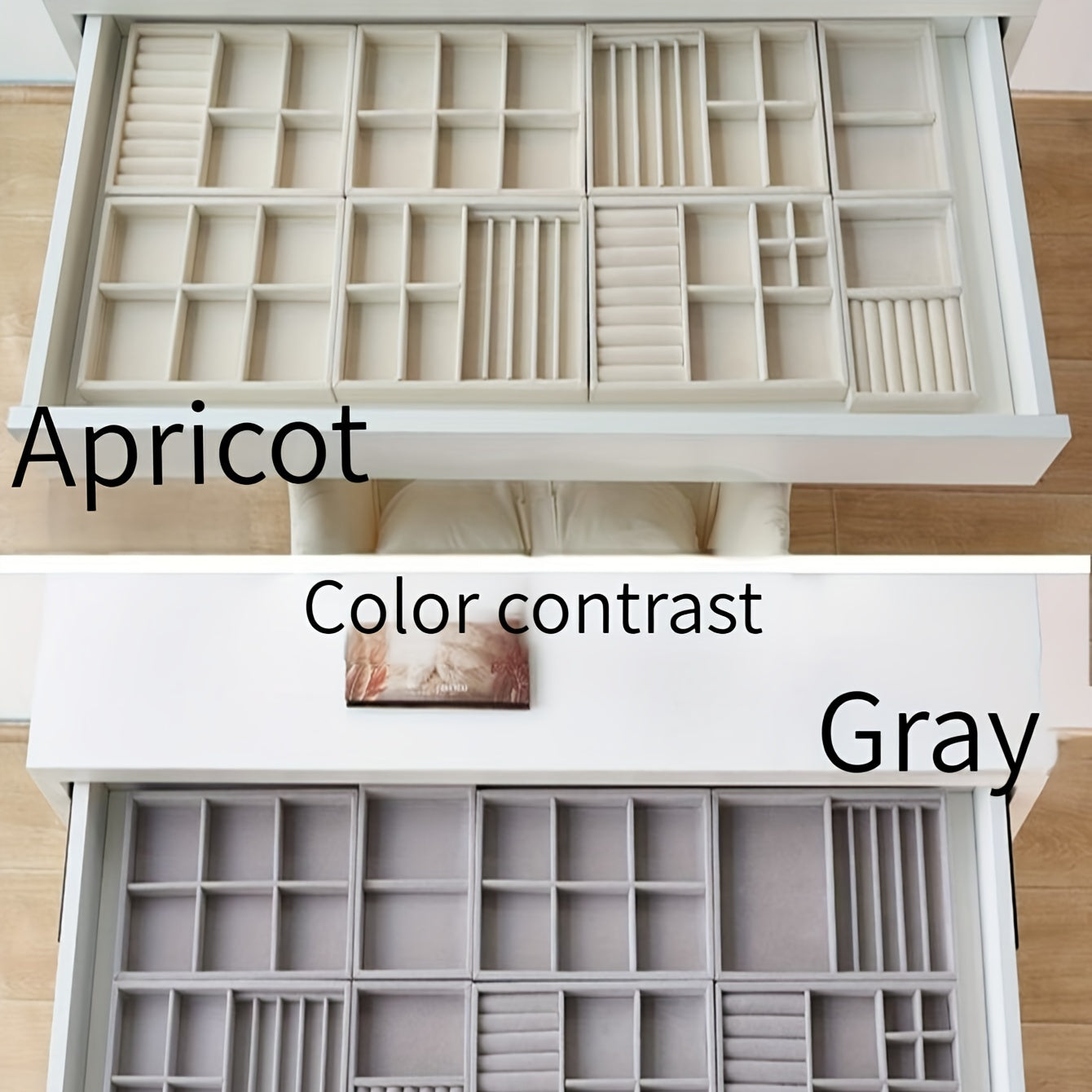 Stol uchun zargarlik buyumlarini namoyish qilish uchun tashkilotchilar, tishli va bo'linmalarga ega