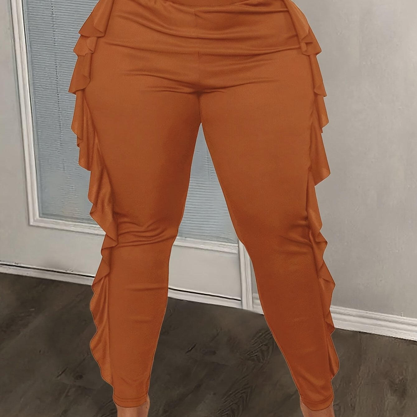 Women’s Knitted Slim Fit Trousers With Side Slit and Ruffles Plus Size