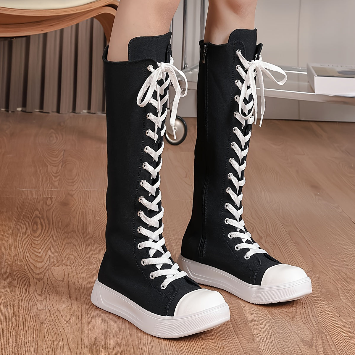 Women's Solid Color Slim Knee High Boots Side Zipper Platform Lace Up