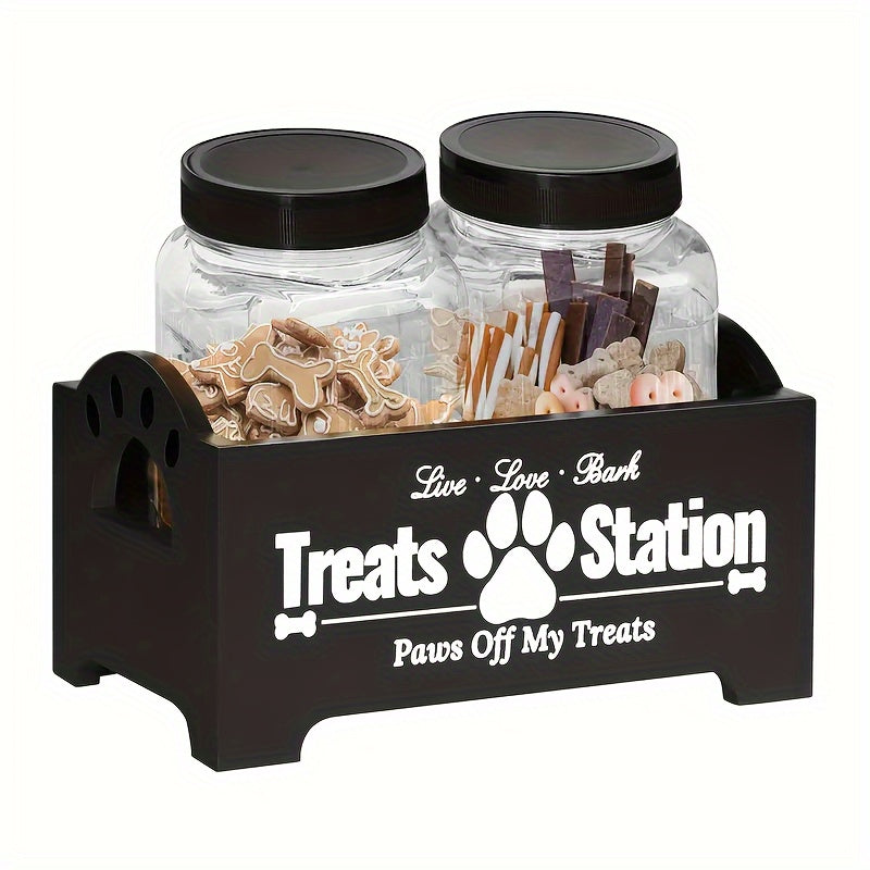 Wooden Pet Treat Storage Station with 2 Plastic Jars for Dog Snacks and Treats