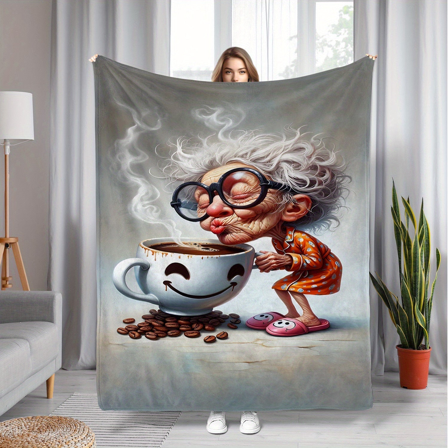 Cozy Flannel Blanket with Coffee Print Lightweight All-Season Knit Throw for Living Room Bed Decor