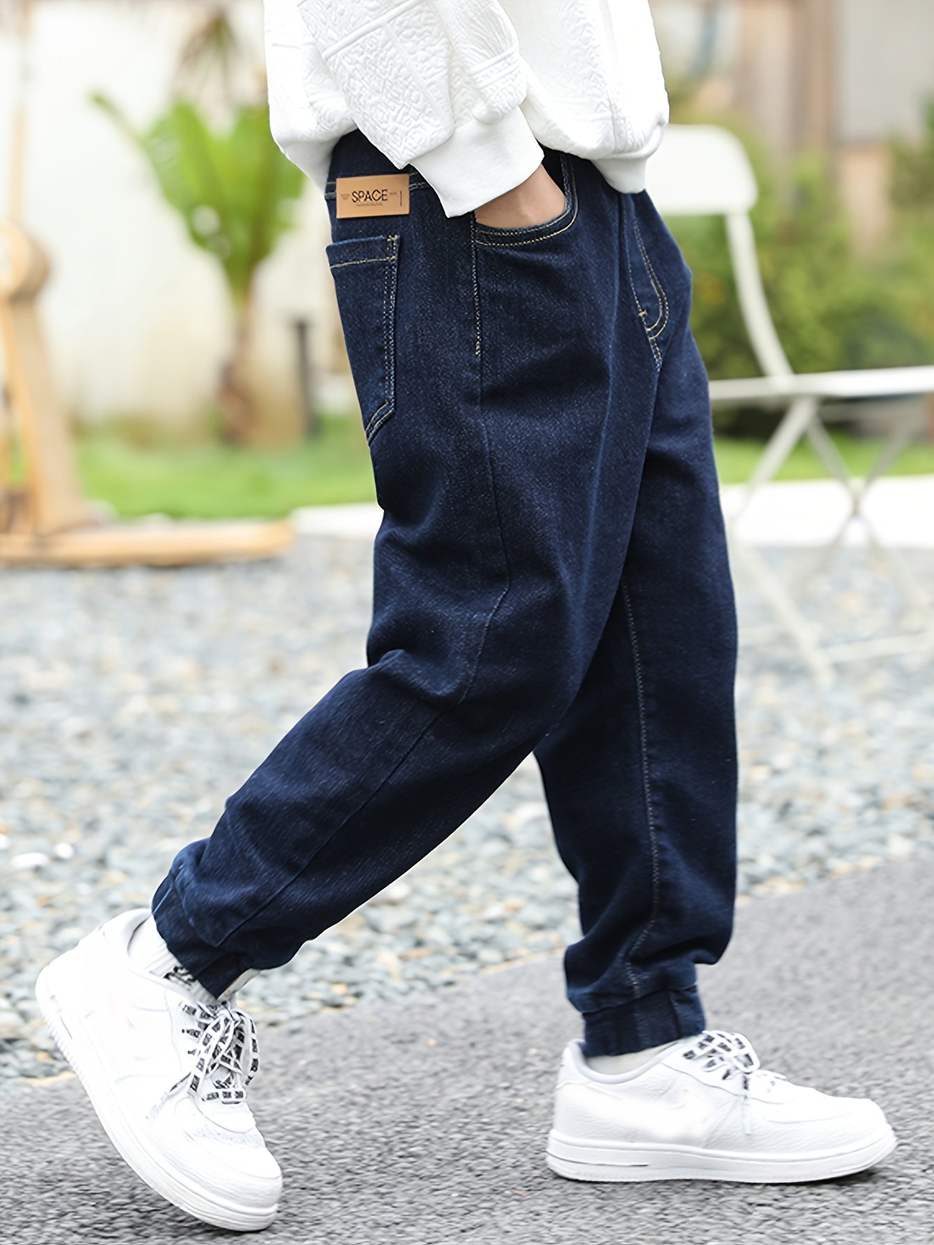 Boys High-Waisted Denim Jogger Pants with Elastic Waist and Cuffed Ankles