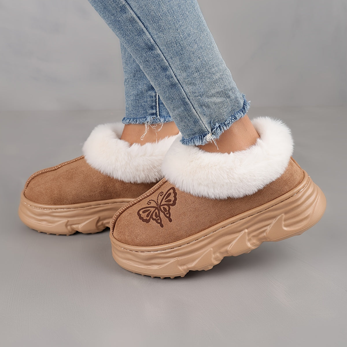 Couples Winter Slippers Plush Lined Thick Sole Snow Boots with Cartoon Design