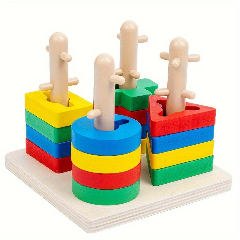 Educational Wooden Shape Sorter Puzzle for Cognitive Development with Stacking Rings and Blocks for 18M+