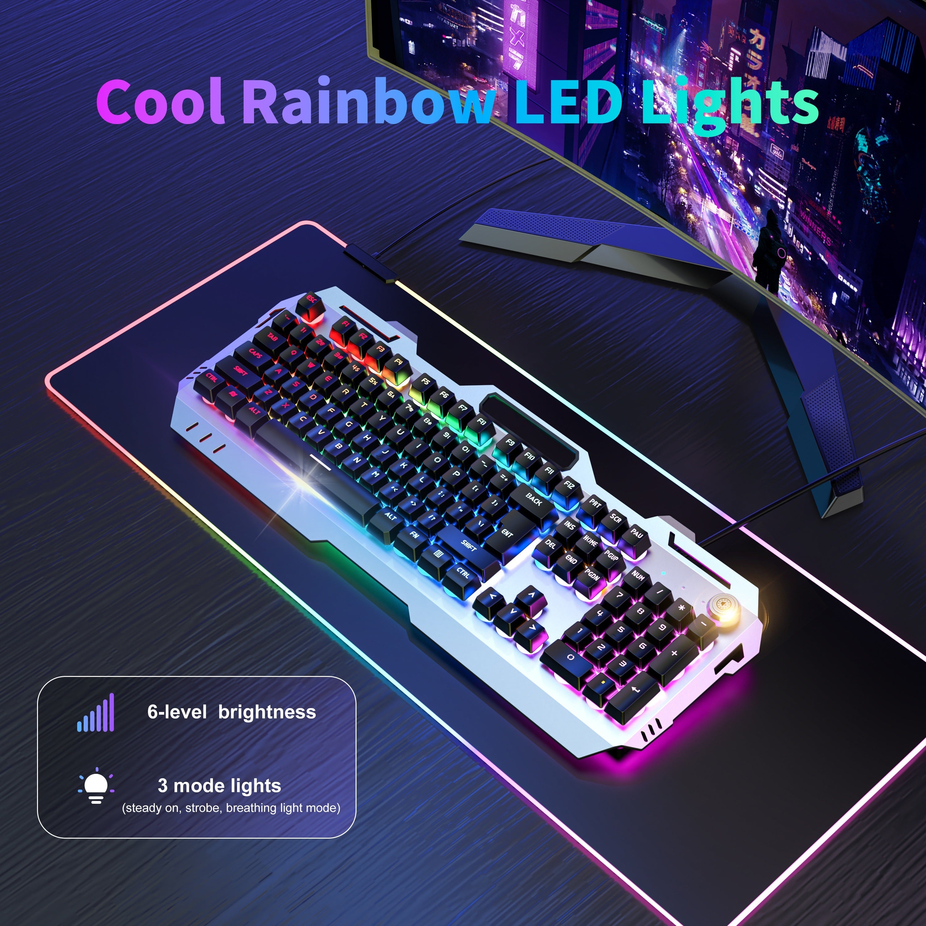 Wired Gaming Keyboard with LED Backlit Silent Design and Volume Knob for Desktop and Notebook Computers